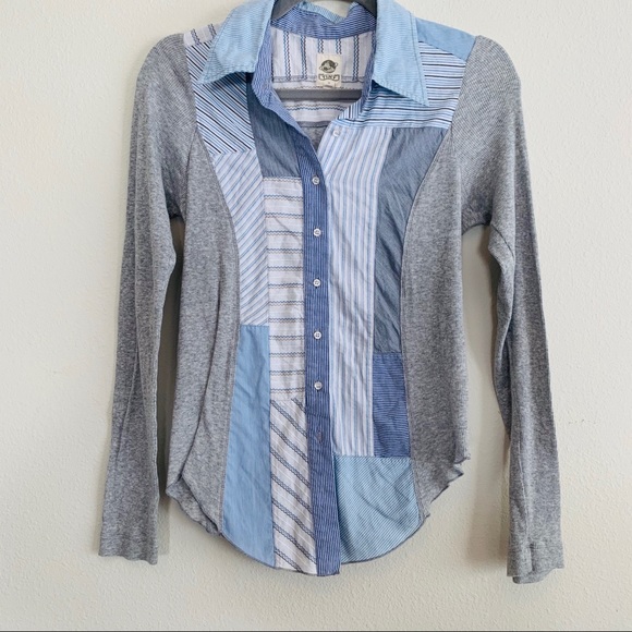 Anthropologie Tiny Stripe Ribbed Sleeve Button Up - Picture 2 of 5